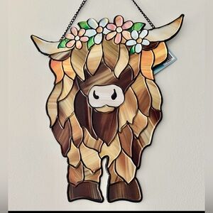 Highland Cow Wall Decor,flowers mosaic stained glass look high gloss metal,chain
